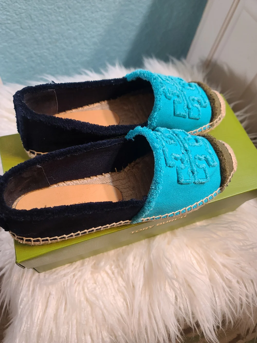 Tory Burch Turquoise and Navy Canvas Espadrille Slip-On with Embroidered Logo